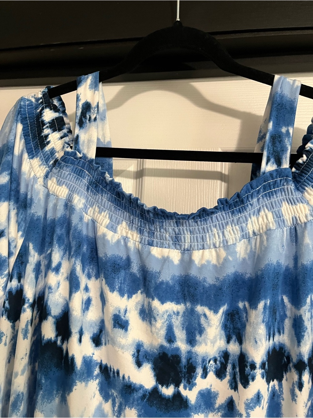 French Laundry Blue and White Tie-Dye Off-Shoulder Dress with Shoulder Straps - Picture 2 of 5